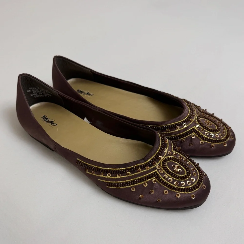 Vintage Y2K 90s Brown Embellished Sequined Slip On Flats Size 7.5 Whimsy Boho